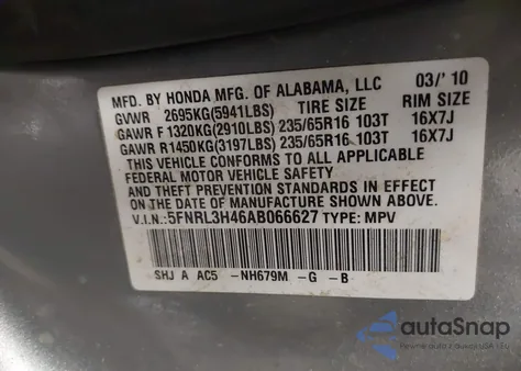 2010 Honda Odyssey Ex z USA, uszkodzony, nr VIN 5FNRL3H46AB066627